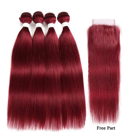 Lushlanes paquets rouges couleur burg cheveux raides 4 paquets avec fermeture à lacets 4 × 4 cheveux humains pré-colorés