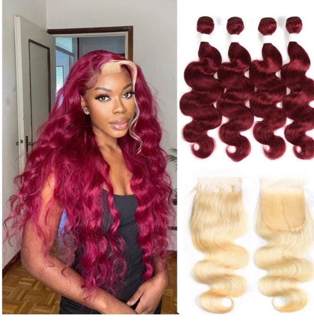 Lushlanes Body Wave 4 Bundles with 4×4 HD Lace
Closure Burgundy Hair Bundle with Blond HD Lace Closure Human Hair
Extensation