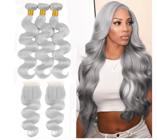 Lushlanes Silver Grey Body Wave 3
Bundles With 4×4 Lace Closure Remy Brazilian
Human Hair Extension