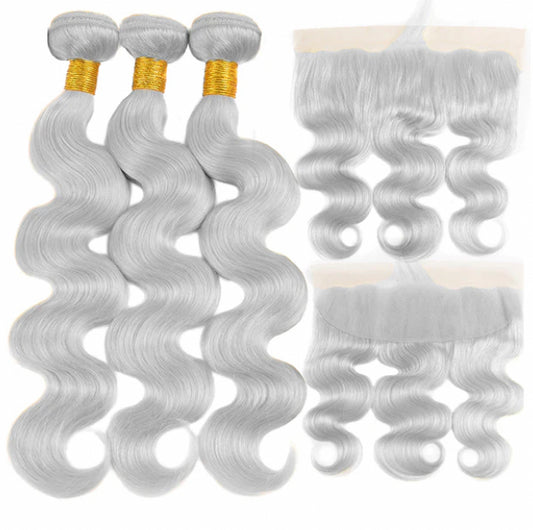Lushlanes Silver Grey Body Wave 3 Bundles With 13x4 Lace Frontal Human Hair Extensions