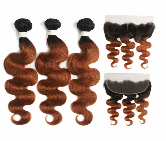 Lushlanes 1B/30 Ombre Body Wave 3 Bundles With 13×4 Lace Frontal Pre Colored