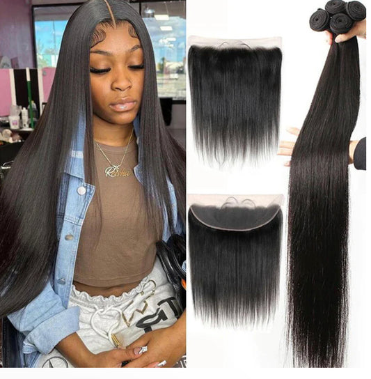 Lushlanes Straight Virgin
Human Hair 4 Bundles with 13×4 Lace Frontal