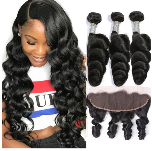 Lushlanes Loose Wave 3 Bundles With 13*4 Lace Frontal 100% human hair