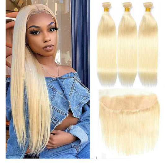 Lushlanes 613 Blonde Straight 4 Bundles with 13*4 Frontal Human Virgin Hair transparentlace