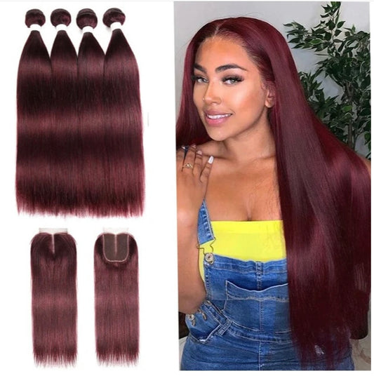 Lushlanes paquets rouges couleur 99j cheveux raides 4 paquets avec fermeture à lacets 4 × 4 cheveux humains pré-colorés