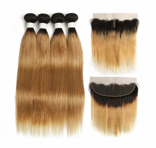 Lushlanes 1B/27 Ombre Straight Hair 4Bundles With 13x4 Lace Frontal Pre Colored