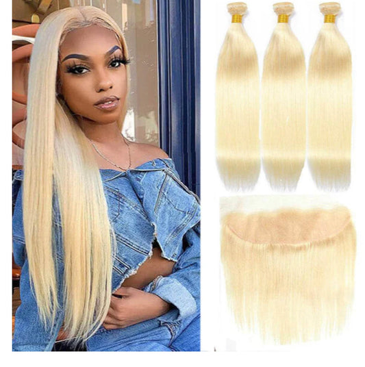 Lushlanes 613 Blonde Straight hair 4 Bundles with 13*4 Frontal transparent lace