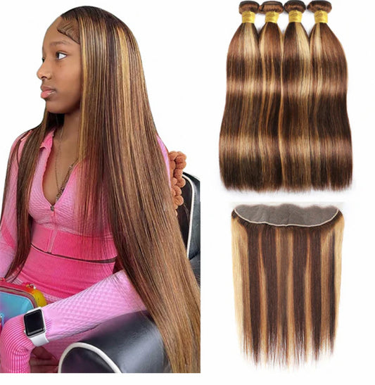 Lushlanes Highlight P4/27 Straight 4 Bundles With 13X4 Lace Frontal Peruvian Hair