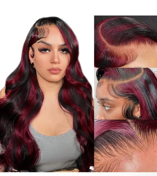 Lushlanes rouge avec des reflets noirs perruque avant en dentelle vague de corps cheveux humains 13X4 HD perruque avant en dentelle couleur bordeaux perruques vague de corps pré-épilées avec des cheveux de bébé 150%