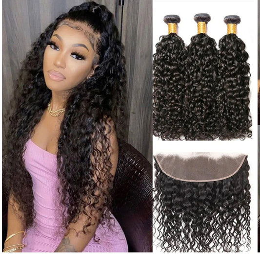 Lushlanes Peruvian Water Wave 3 Bundles With 13x4 Lace Frontal 100% Remy Human Hair