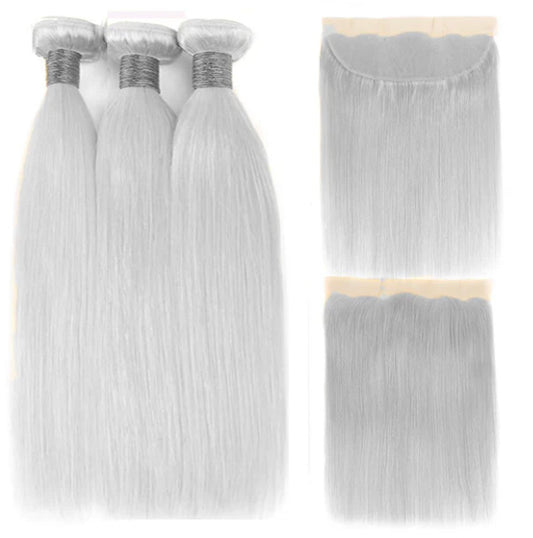 Lushlanes Silver Grey Straight 3 Bundles With 13x4 Lace Frontal Human Hair Extensions