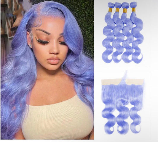 Lushlanes Light Violet Blue Body Wave 4 Bundles with 13*4 Frontal Human Virgin Hair