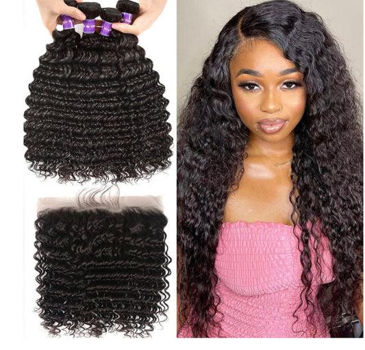 Lushlanes hair Malaysian Virgin Hair Deep Wave 4 Bundles with 13*4 Lace Frontal