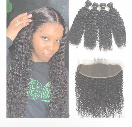 Lushlanes Peruvian Kinky Curly Hair 4 Bundles With 13x4 Frontal Curly Human Hair Transparent Lace closure