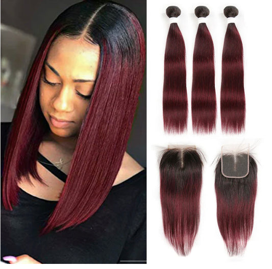 Lushlanes Ombre 1B/99] Straight Hair 3 Bundles With Closure 4×4 pre Colored 100% human hair