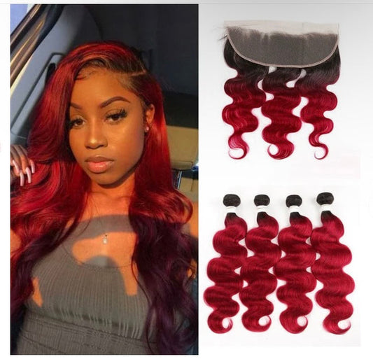 Lushlanes 1B/BURG Ombre Body Wave 4 Bundles With 13×4 Lace Frontal Pre Colored