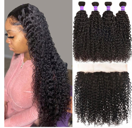 Lushlanes Peruvian Kinky Curly Hair 4 Bundles With 13x4 Frontal Curly Human Hair Transparent Lace closure