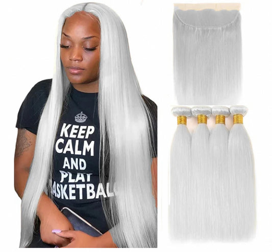 Lushlanes Silver Straight 4 Bundles With 13×4 Lace Frontal Brazilian Human Hair