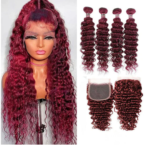 Lots rouges Lushlanes
 # 99 Deep Wave 4 Bundles avec fermeture en dentelle 4 × 4
 Cheveux humains