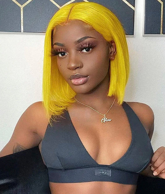Lushlanes Yellow Bob frontal Wig 13x4, Short Yellow Human Hair Wigs For Black Women