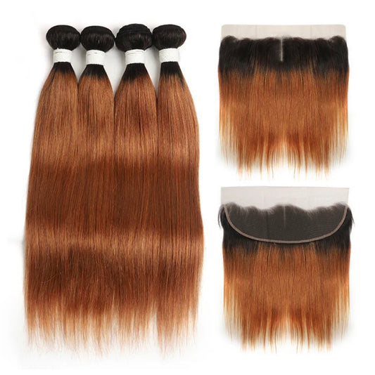 Lushlanes 1B/30 Ombre Straight Hair 4Bundles With 13x4 Lace Frontal Pre Colored