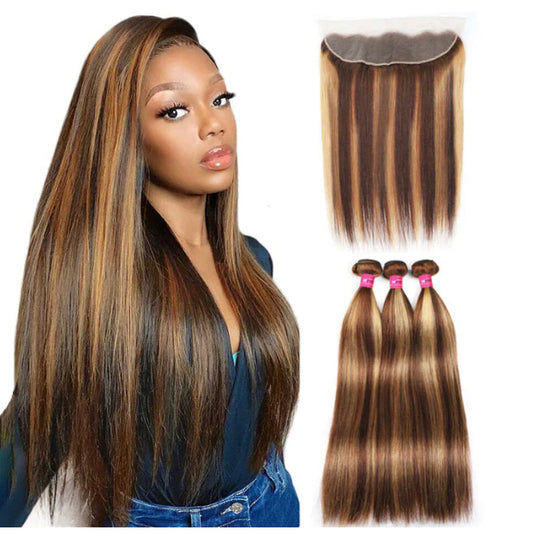 Lushlanes Highlight P4/27 Straight 3 Bundles with 13x4 Lace Frontal transparent lace