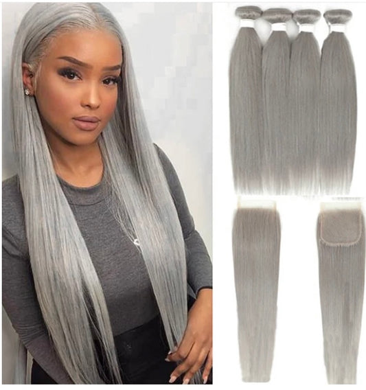 Lushlanes cheveux raides gris argent 4 paquets avec fermeture 4x4 dentelle transparente pré-épilée 100% Extensions de cheveux humains