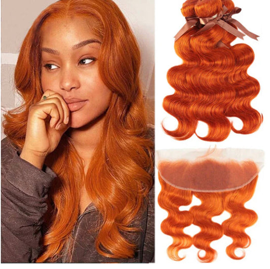 Lushlanes #350 Orange Color Body Wave 3 Bundles With 13X4 Lace Frontal Human Hair