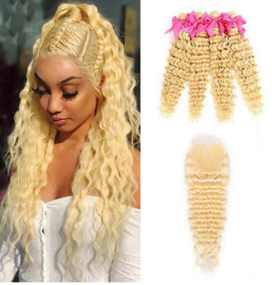 Lushlanes 613 Blonde
 Deep Wave 4 Bundles avec fermeture 4×4 avec dentelle transparente pour femmes noires