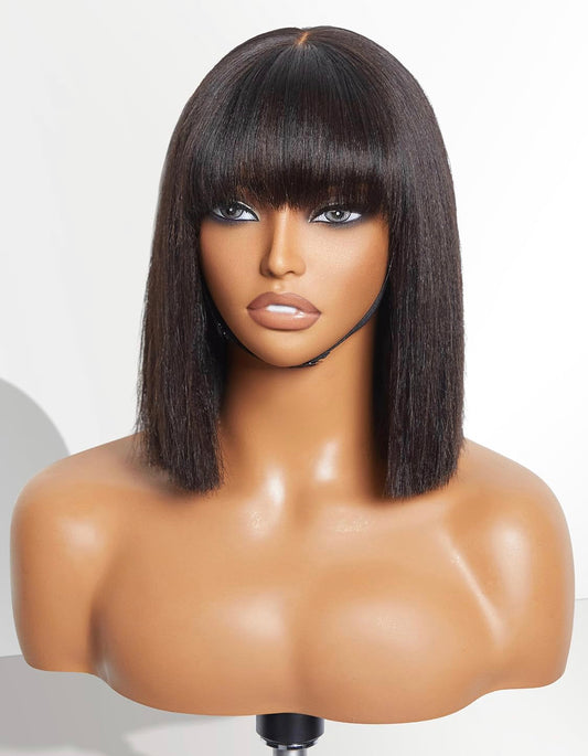 Lushlanes Lightweight Yaki Straight Bob Wig with Bangs, Realistic HD Lace Human Hair Wigs, Short, Black, Ready Made, Blunt Cut, Glueless, 150% Density
