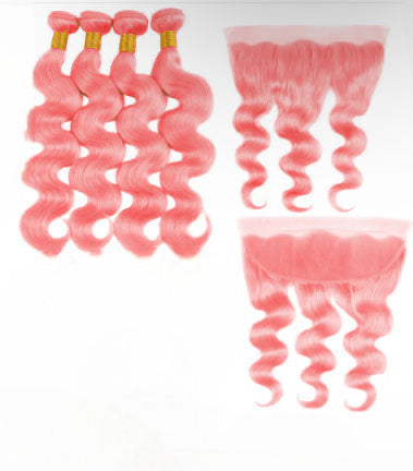 Lushlanes Body Wave 4Bundles with 13×4 frontal light Pink Colored 100%