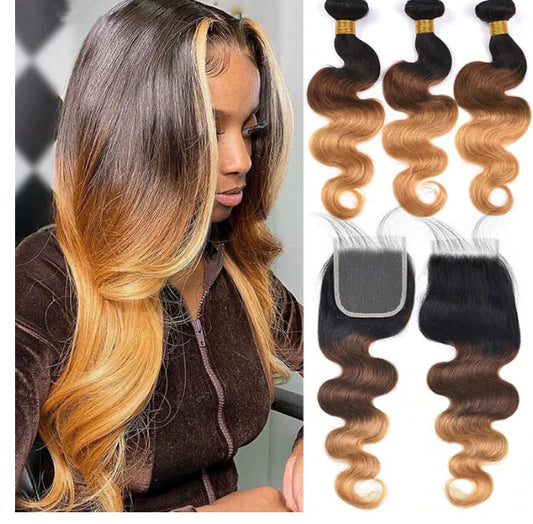 Lushlanes Ombre 1b/4/27
Body Wave 3 Bundles with 4×4 lace Closure Human
Hair