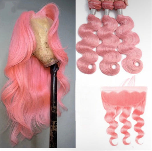 Lushlanes Body Wave 4Bundles with 13×4 frontal light Pink Colored 100%