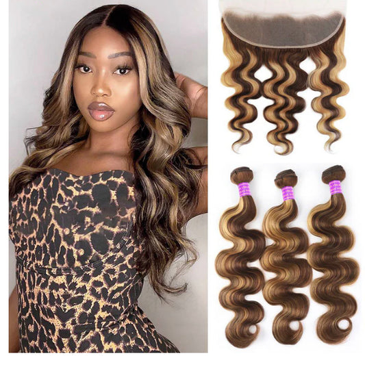 Lushlanes P4/27 Highlight Body Wave 3 Bundles With 13×4 Lace Frontal Human Hair