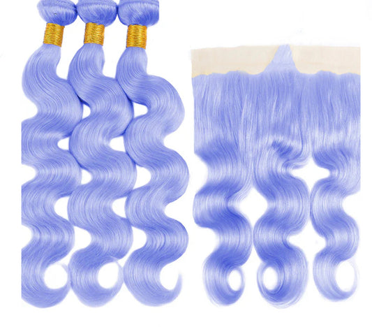 Lushlanes Light Violet Blue Color Body 3 Bundles With 13X4 Lace Frontal Human Hair