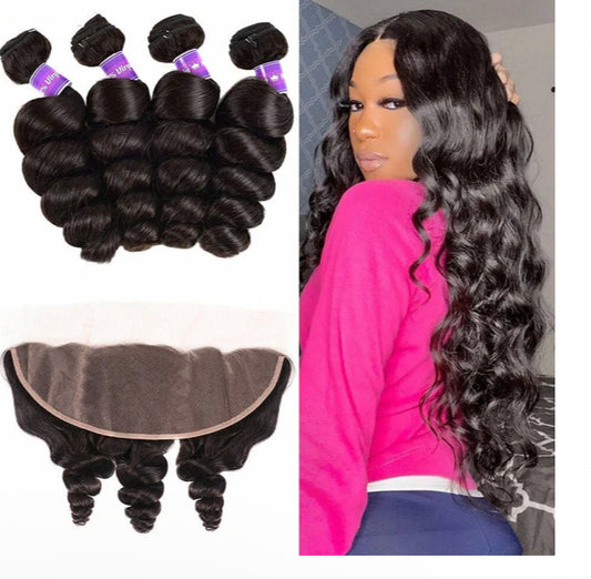 Lushlanes Loose Wave Brazilian 4 Bundles with 13×4 Frontal Non-remy Human Hair Extension