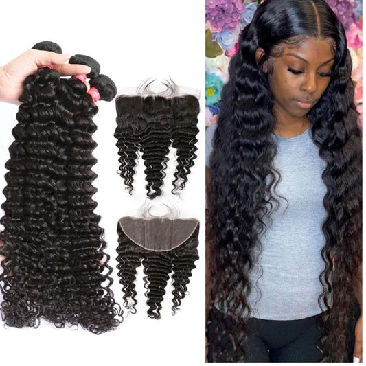 Lushlanes Deep Wave 3 Bundles With 13X4 Transparent Lace Frontal 100% Brazilian Human Hair