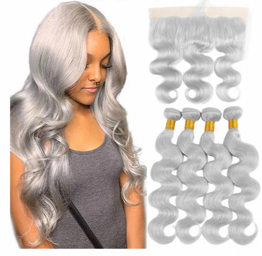 Lushlanes silver gray Body Wave 4 Bundles With 13x4 frontal Brazilian Human Hair Weave