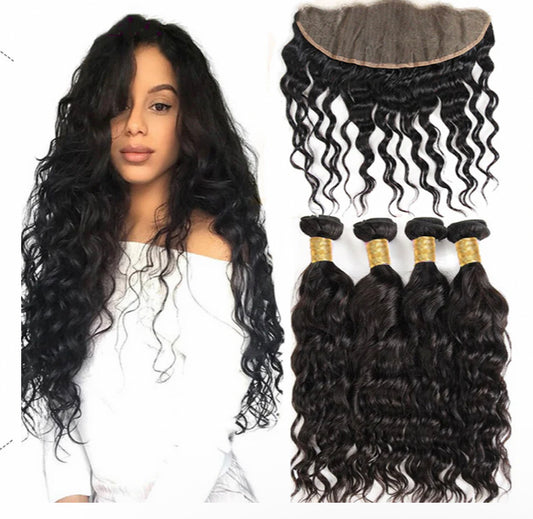 Lushlanes Natural Wave 4 Bundles With 13×4 Lace Frontal 100% Virgin Human Hair Bundles