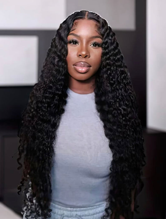 Lushlanes Magic Dry Straight & Wet Curly Wig 2 styles V part curly human hair wig black 180%