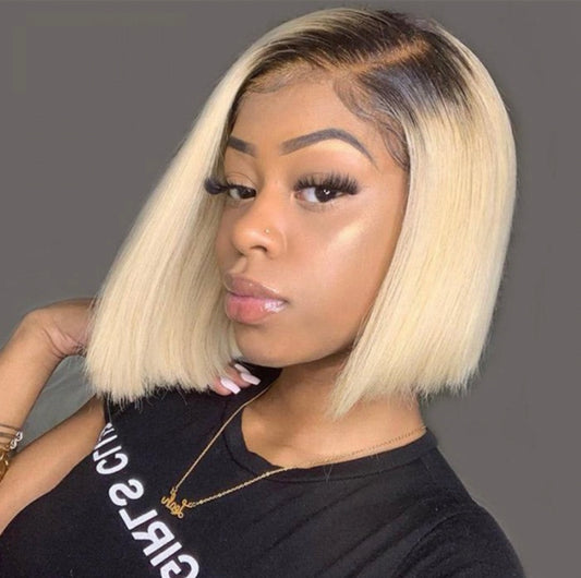 Lushlanes 613 Blonde avec des racines brunes 13 × 4 Lace Front Straight Bob Wig 150% Densité