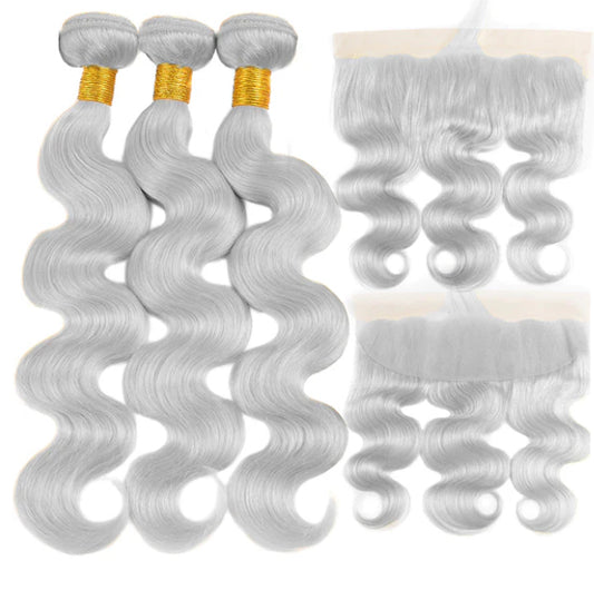 Lushlanes Silver Grey Body Wave 3 Bundles With 13x4 Lace Frontal Human Hair Extensions