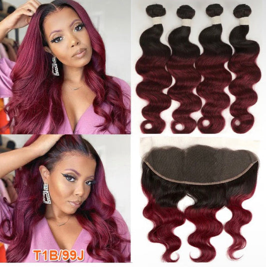 Lushlanes 1B/99J Ombre Body Wave 4 Bundles With 13×4 Lace Frontal Pre Colored