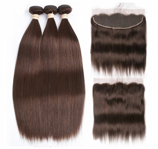 Lushlanes #4 Brown Straight Hair 3 Bundles With 13×4 Lace Frontal Pre Colored