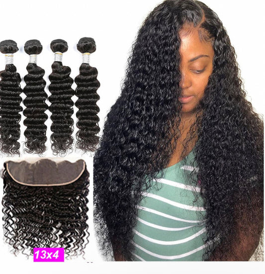 Lushlanes Deep Wave 100% Human Hair 4 Bundles With Frontal Brazilian Hair Weave 13x4 Transparent Lace