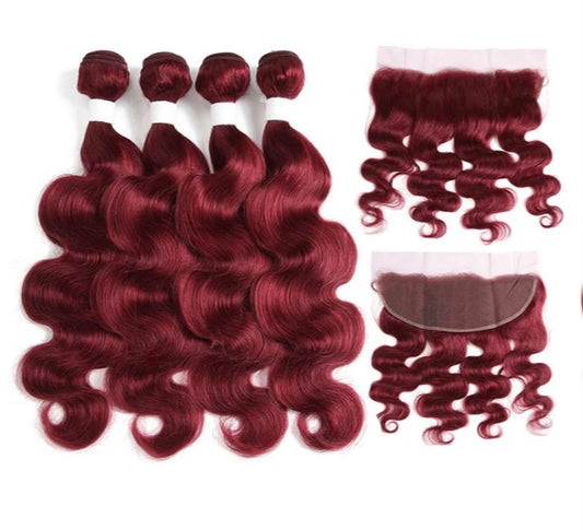 Lushlanes Red Bundles Burg Body Wave 4 Bundles With 13x4 Lace Frontal Pre Colored