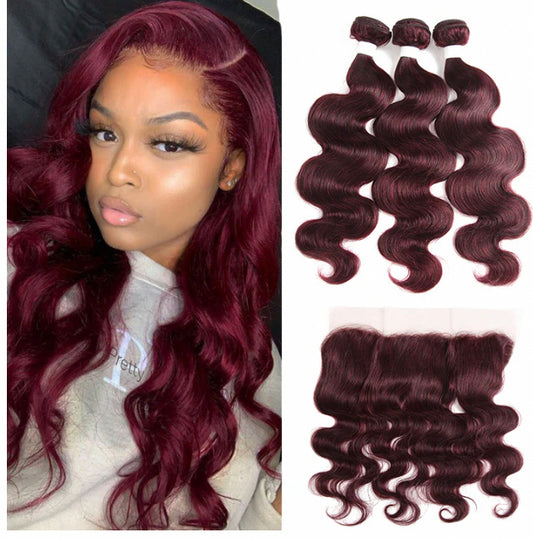 Lushlanes Red Bundles 99] Body Wave 3 Bundles With 13×4 Lace Frontal Pre Colored