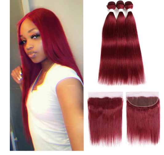 Lushlanes red bundles burg straight hair 3 Bundles With 13x4 Lace Frontal Pre Colored