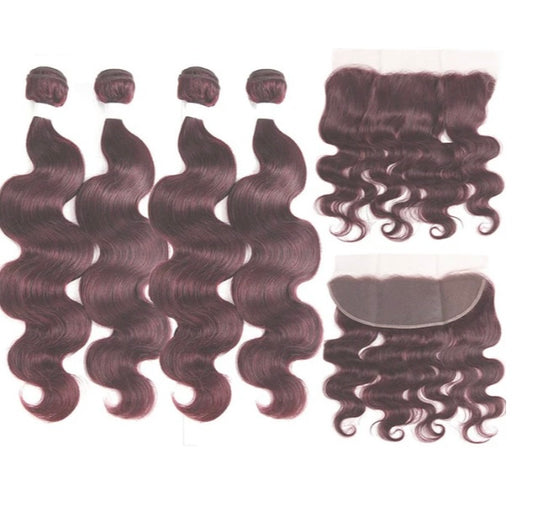 Lushlanes Red Bundles Color 99 body wave 4 Bundles With 13x4 Lace Frontal Pre Colored