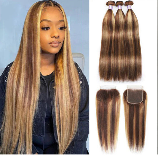 Lushlanes Highlight P4/27 Straight 3 Bundles with 4×4 Lace Closure Human Hair